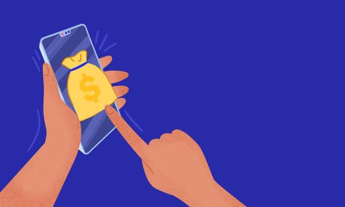Illustration of hands using a smartphone for digital shopping A finger taps on a screen with a money bag icon, symbolizing online payment and modern transactions Model Released ZamaStudio_ID25271_731090_005 Copyright: xZamaxStudiox RECORD DATE NOT STATED