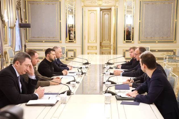 KYIV, UKRAINE - DECEMBER 9, 2024 - President of Ukraine Volodymyr Zelenskyy (3rd L) and German Chancellor candidate, leader of the Christian Democratic Union Friedrich Merz (3rd R) hold a meeting in Kyiv, capital of Ukraine. President Volodymyr Zelenskyy meets German Chancellor hopeful Friedrich Merz in Kyiv  Copyright: xOLEKSANDRxKLYMENKOx