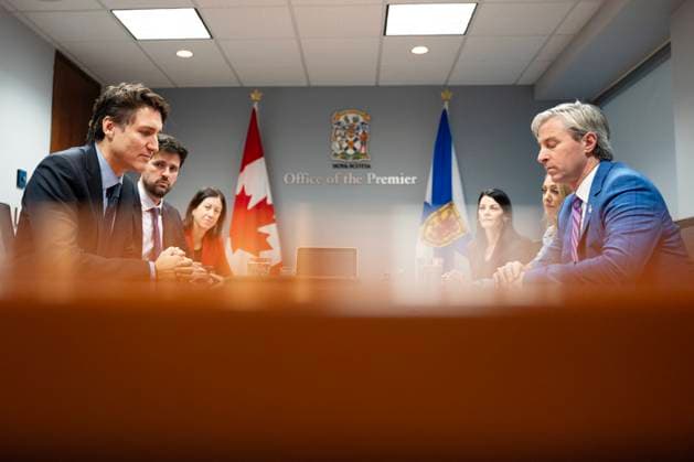 December 9, 2024, Halifax, Ns, Canada: Prime Minister Justin Trudeau, left, Minister of Housing, Infrastructure and Communities Sean Fraser, second from left, meet with Nova Scotia Premier Tim Houston, right, in Halifax on Monday, December 9, 2024. Halifax Canada - ZUMAc35_ 20241209_zaf_c35_006 Copyright: xDarrenxCalabresex