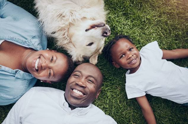 Creative Highlights Symbolfotos Portrait, park or family on grass with dog, mother or dad in nature with child, love or support. Above, African parents or happy mom with father or girl kid with pet or golden retriever in Namibia. model released property released Copyright: xwww.peopleimages.comx