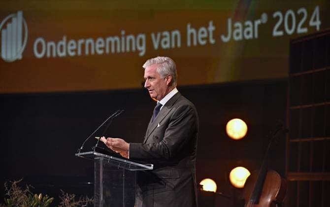 King Philippe - Filip of Belgium speeches at the awards ceremony of the Enterprise of the Year (30th edition) and the Prize of the Flemish Government for the Scale-up of the Year ,Tuesday 10 December 2024, in Brussels.  ERICxLALMAND 107883783
