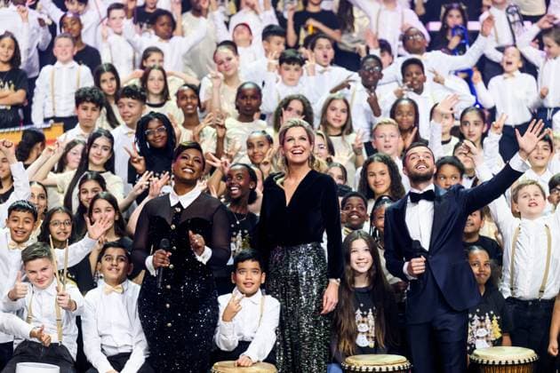 Leusden, The Netherlands, 2024-12-12 13:14:40 LEUSDEN, 12-12-2024, AFAS Theater Recordings of the Christmas Music Gala 2024. Young musical creatives join forces with famous artists. Special guest is the honorary chair of the More Music in the Classroom foundation: Queen Maxima PHOTO: NLBeeld Patrick van EmstIn the photo: Queen Maxima with Buddy Vedder and Edsilia Rombley Credit: NL Beeld Patrick van Emst  Copyright: xx x