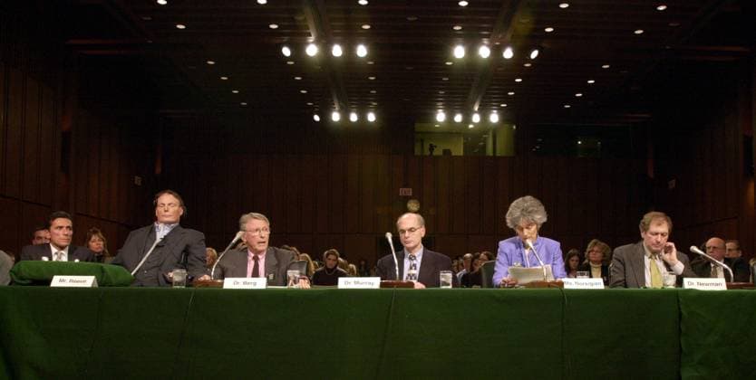 Christopher Reeve 8reeve030502 -- Dr. Paul Berg (third from left), from the Stanford University Medical School, testifies before the full committee hearing on Tuesday which examined the dangers of cloning and the promise of regenerative medicine, in the Hart Building. Washington D.C. USA EDITORIAL USE ONLY Copyright: x( )xCopyrightx2002xbyxRollxCallx MarkxF.xSypherx 9reeve030502
