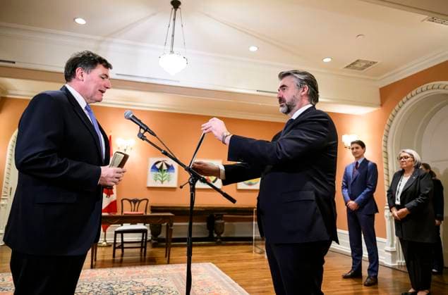 December 16, 2024, Ottawa, On, CAN: Dominic LeBlanc is sworn in as Minister of Finance by Clerk of the Privy Council John Hannaford, centre, as Prime Minister Justin Trudeau and Gov. Gen. Mary Simon look on, during a ceremony at Rideau Hall in Ottawa, Monday, Dec. 16, 2024. Ottawa CAN - ZUMAc35_ 20241216_zaf_c35_150 Copyright: xJustinxTangx