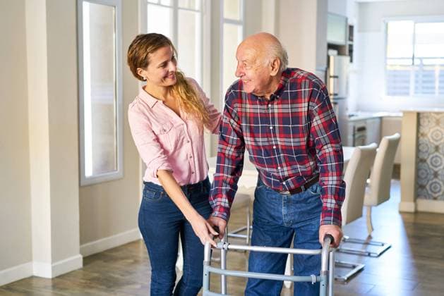 Junge Frau hilft Senior Vater beim gehen mit dem Rollator nach einem Schlaganfall zu Hause ,model released, Symbolfoto ,property released  Copyright: xZoonar.com RobertxKneschkex 17297840 ,model released, Symbolfoto ,property released