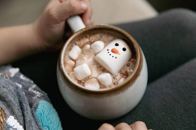 Creative Highlights Symbolfotos Side view of child with a cup of hot cocoa and snowman marshmallow Painesdale, Michigan, United States R_OAXI241217-1605502-01 ,model released, Symbolfoto