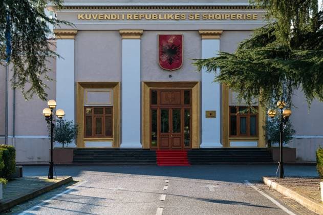 Facade of the parliamanet of Albania in Tirana, Albania, DEC 7, 2024