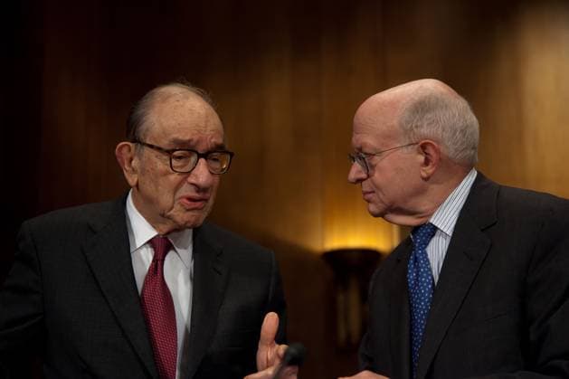 Greenspan Urges Tax Reform to Cut Debt. (September 13, 2011) Former Federal Reserve Chairman Alan Greenspan says hello to Martin Feldstein before the start of a hearing of the Senate Finance Subcommittee on Fiscal Responsibility and Economic Growth. The hearing would focus on deficits, with testimony from Greenspan, former Treasury Undersecretary John Taylor, former Reagan economic adviser Martin Feldstein, former Michigan Gov. John Engler, and Edward Kleinbard, former chief of staff of the Joint Committee on Taxation. The hearing took place on Tuesday September 13, 2011 on Capitol Hill in Washington DC. The panelists were questioned on whether changing the tax code could help reduce the federal deficit. Senator Bill Nelson (D-FL), chaired Copyright: xx JeffxMaletx jmpphotos010686
