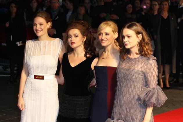 RECORD DATE NOT STATED UNITED KINGDOM, London: Romola Garai (left), Helena Bonham Carter (second from left), Anne-Marie Duff (second from right) and Carey Mulligan (right) attend the screening of Suffragette on opening night of the BFI London Film Festival at London s Odeon Leicester Square on October 7, 2015. , 20122344.jpg, BFI London Film Festival, Odeon Leicester Square, Carey Mulligan, Romola Garai, Newzulu, Helena Bonham Carter, Anne-Marie Duff, Citizenside, Richard GOLDSCHMIDT, London, UK, Suffragette, suffrage, feminism, movie, film, cinema, red carpet, entertainment, celebrity, fashion, CS_121790_1349502