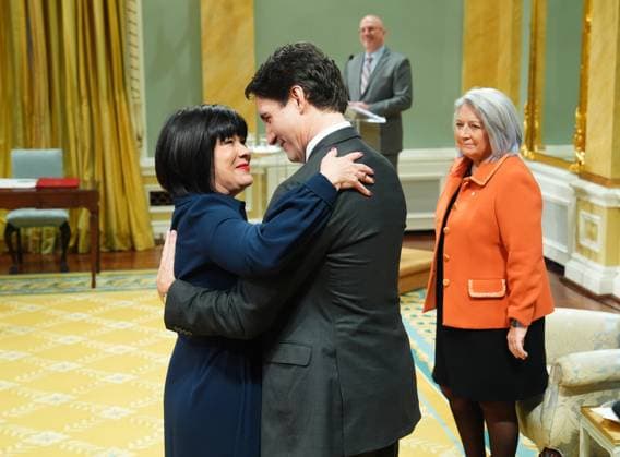 December 20, 2024, Ottawa, On, Canada: Treasury Board President Ginette Petitpas Taylor hugs Prime Minister Justin Trudeau as Gov. Gen. Mary Simon looks on during a cabinet swearing-in ceremony at Rideau Hall in Ottawa, on Friday, Dec.20, 2024. Ottawa Canada  - ZUMAc35_ 20241220_zaf_c35_009 Copyright: xSeanxKilpatrickx