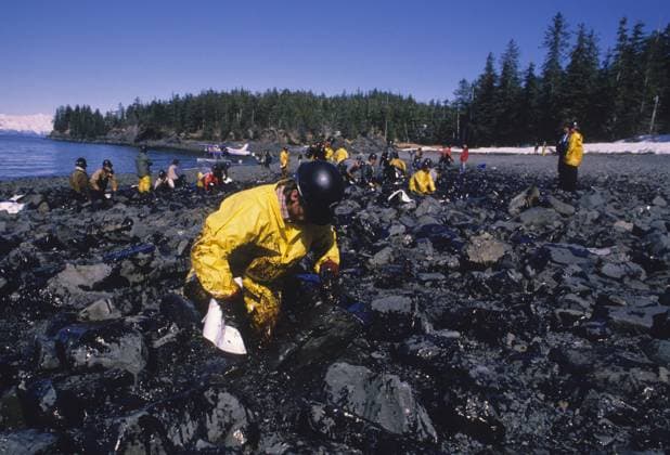Exxon Valdez Oil Spill Edward Jones of Valdez wipes oil off of the rocks on the shoreline of Cabin Bay on Naked Island in Prince William Sound, on April 13, 1989, after the oil spill of the Exxon Valdez. (Bob Hallinen Anchorage Daily News MCT) Prince William Sound AK USA EDITORIAL USE ONLY Copyright: xx 1054965 BobxHallinenx krtphotoslive370220