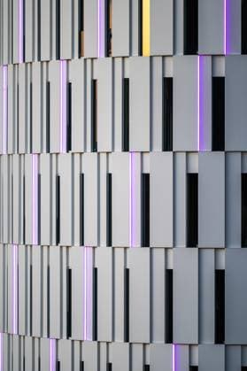 Creative Highlights World Contemporary abstract patterns of a high rise building by night in Tirana, Albania, DEC 7, 2024