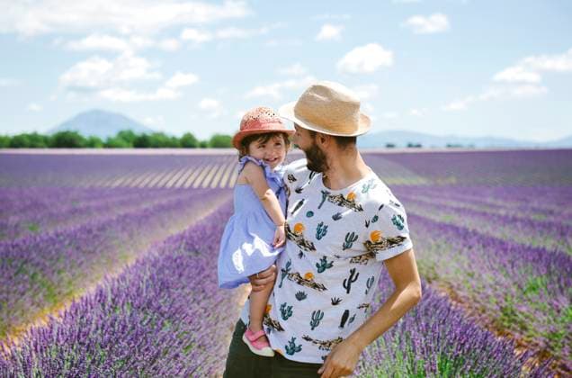France, Provence, Valensole plateau, happy father and daughter in lavender fields in the summer model released, Symbolfoto, GEMF02126