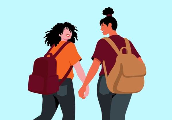 Female friends holding hands and walking against turquoise background property released, ABSF00827