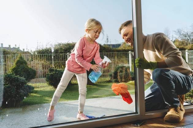 IMAGO Creative, Frühling, Frühjahrsputz Girl helping father to clean window at home model released, Symbolfoto property released, NSTF00376