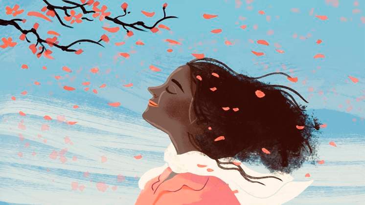 Illustration of a woman enjoying spring with closed eyes as cherry blossom petals fall around her, IAUF00086