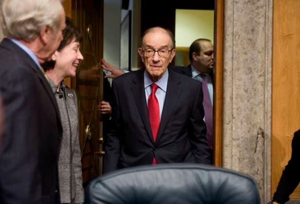 Alan Greenspan Alan Greenspan, former Federal Reserve Chairman, arrives to testify before a Senate Homeland Security and Governmental Affairs Committee hearing on the nation s economic future and proposals to secure it, Dec. 17, 2009. Chairman Joe Lieberman, I-Conn., and ranking member Sen. Sue Collins, R-Me., also appear. Washington DC USA EDITORIAL USE ONLY Copyright: xx TomxWilliamsx rollcallpix049198