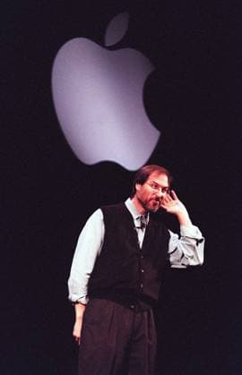 Steve Jobs In this November 10, 1997 file photograph, Apple Computer Interim CEO, Steve Jobs listens for a response from the large crowd gathered at the Flint Center in Cupertino, California, during his announcement of the G3 computer, The Apple Store and build-to-order service. (Gary Reyes San Jose Mercury News MCT) Cupertino CA USA EDITORIAL USE ONLY Copyright: xx 1112285 GaryxReyesx krtphotoslive513407