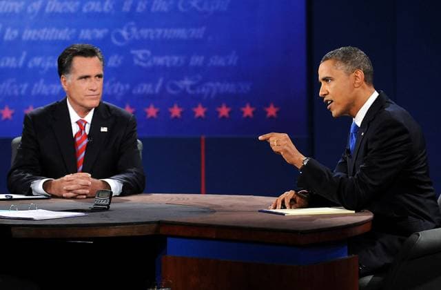 Presidential debate President Barack Obama, right, speaks during a debate with Republican presidential candidate Mitt Romney, left, at Lynn University in Boca Raton, Florida on Monday, October 22, 2012. Bob Schieffer is the moderator. (Robert Duyos Sun Sentinel MCT) Boca Raton FL USA EDITORIAL USE ONLY Copyright: xx 1130376 RobertxDuyosx krtphotoslive581754