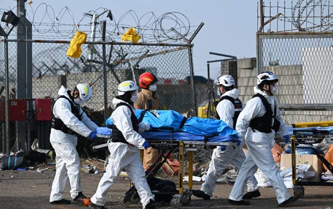 Bilder des Jahres 2024, News 12 Dezember News Themen der Woche KW52 News Bilder des Tages (241229) -- SEOUL, Dec. 29, 2024 -- Rescuers operate at the site of an airplane crash at the Muan International Airport, some 290 km southwest of Seoul, South Korea, Dec. 29, 2024. Most of the people aboard a South Korean airplane that crashed at an airport in southwest South Korea on Sunday morning were believed to have been killed except two rescued, local fire authorities said. The passenger plane with 175 passengers, including 173 South Koreans and two Thais, as well as six flight attendants on board, crashed while attempting to land at the Muan International Airport, some 290 km southwest of the capital Seoul, at about 9:07 a.m. local time (0007 GMT). ( via Xinhua) (SpotNews)SOUTH KOREA-MUAN-AIRPLANE CRASH-AFTERMATH NEWSIS 
