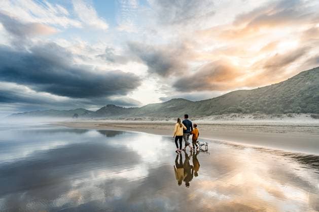 Creative Highlights Symbolbilder Family with dog walking on stunning beach Ocean Beach, Hawke s Bay, New Zealand CR_JUCR241229-1616655-01 ,model released, Symbolfoto
