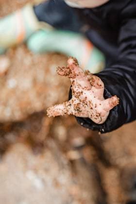 Creative Highlights Symbolbilder Close up of rocky sand stucky to toddlers hand McClure, Illinois, United States R_WEKW241228B-1611031-01 ,model released, Symbolfoto