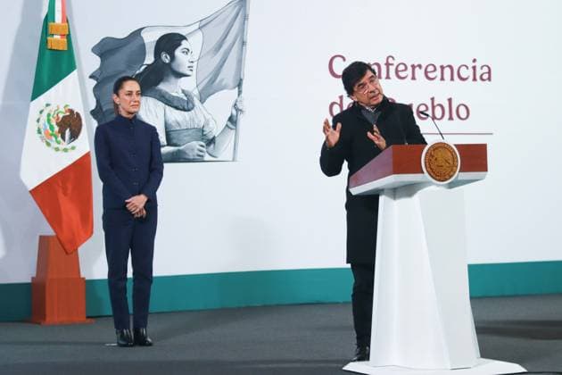 Mexico™s President Claudia Sheinbaum Briefing Mexico s President Claudia Sheinbaum, is seen behind while Jesus Ramirez Cuevas, Coordinator of Advisors to the Presidency of Mexico speaking during a briefing conference about the National Development Plan, which defines the economic, social and political priorities for the six-year term, and the evolution of the price of regular gasoline at the National Palace. on January 3, 2024 in Mexico City, Mexico. Mexico City CDMX Mexico Copyright: xCarlosxSantiagox
