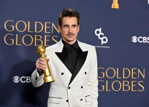 Colin Farrell appears backstage after winning the award for Best Performance by a Male Actor in a Limited Series, Anthology Series, or a Motion Picture Made for Television award for The Penguin, during the 82nd annual Golden Globe Awards at the Beverly Hilton Hotel in Beverly Hills, California on Sunday, January 5, 2025.  LAP20250105223 JIMxRUYMEN