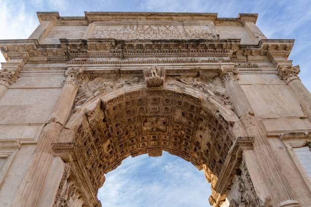 Detail of the Arch of Titus in the Roman Forum in the Colosseum Archaeological Park, Rome, Italy. Rome Colosseum Archaeological Park Lazio Italy Copyright: xJonxG.xFullerx xVWPicsx 2016-JGF-ruins-Rome-IT