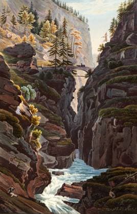Die mittlere Brücke der Via Mala, Wegabschnitt entlang des Hinterrheins zwischen Thusis und Zillis-Reischen im Kanton Graubünden, Schweiz, Ansicht um 1830, digital restaurierte Reproduktion einer Vorlage aus dem 19. Jahrhundert von Johann Ludwig Bleuler (12.02.1792 - 28.03.1850), Schweizer Zeichner und Maler