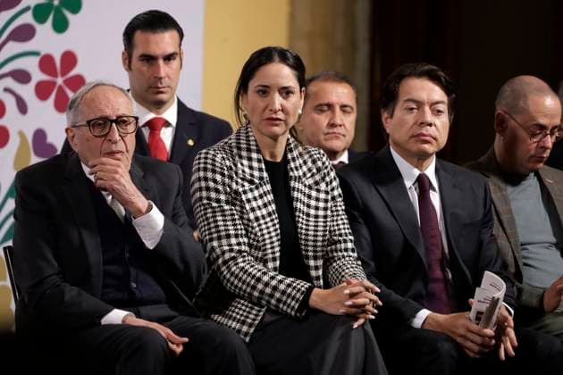 (L-R) Mexico s Secretary of Health, David Kershenobich Stalnikowitz, Miguel Torruco Garza, National Director of Sports Promotion and Wellness, Claudia Curiel Icaza, Mexico s Secretary of Culture, Mario Delgado Carrillo, Secretary of Public Education and Jose Antonio Perez Merino, head of the Digital Transformation and Telecommunications Agency during the press conference where the campaign â€oeStay away from drugs, fentanyl kills you!†was announced. at National Palace. on January 7, 2025 in Mexico City, Mexico. Mexico City Mexico - ZUMAe321 20250107_zia_e321_025 Copyright: xLuisxBarronx