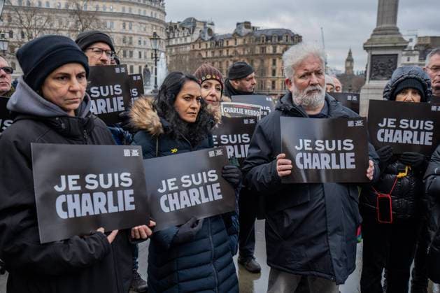 January 7, 2025, London, United Kingdom: Activists from Pro-Israel group Our Fight UK hold placards reading Je Suis Charlie during the demonstration. On the tenth anniversary of the Islamic terrorist attack on French satirical newspaper Charlie Hebdo, pro-Israeli activist group OurFightUk met in Trafalgar Square to defend the freedom of speech and to continue the fight against Islamic terrorism. London United Kingdom - ZUMAs197 20250107_aaa_s197_268 Copyright: xLabxKyxMox