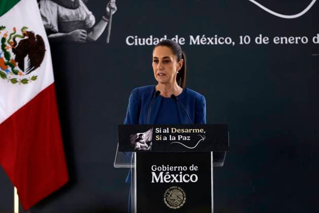 MexicoÃ¢â‚¬â ¢s President Claudia Sheinbaum Pardo speaks during the anti-gun campaign Ã¢â‚¬oeYes to Disarmament, Yes to PeaceÃ¢â‚¬Â, in the atrium of the Basilica of Guadalupe. on January 10, 2025 in Mexico City, Mexico. Mexico City Mexico - ZUMAe321 20250110_zia_e321_022 Copyright: xLuisxBarronx