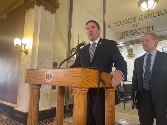 US-NEWS-MO-BAILEY-FREESPEECH-KC Missouri Attorney General Andrew Bailey speaks to reporters during a press conference on May 3, 2023. He was joined by Bill Corrigan, right, the state™s deputy attorney general. (Kacen Bayless The Kansas City Star TNS) EDITORIAL USE ONLY Copyright: xx 85357834W KacenxBaylessx krtphotoslive931569