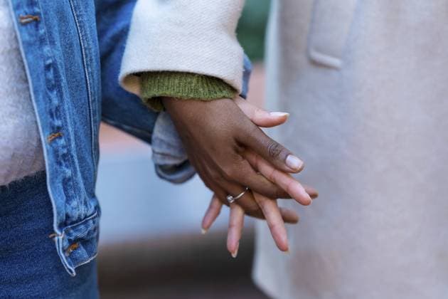 Nahaufnahme von zwei Freunden, die sich an den Händen halten, was eine tiefe Bindung und Verbindung voller Zuneigung, Vertrauen und Wärme in einer winterlichen Stadtumgebung darstellt Close up of two friends holding hands, representing a deep bond and connection filled with affection, trust, and warmth in an urban winter setting Copyright: imageBROKER UnaixHuizi ibxuhu12061607.jpg ,model released, Symbolfoto ,property released