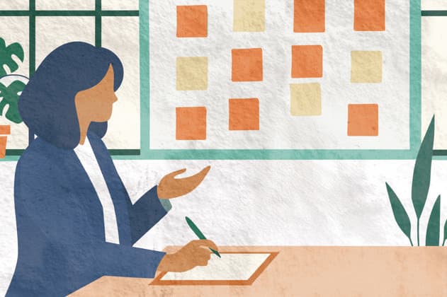 PR_ID25931_10317_IlustraBusiness.jpg A businesswoman is seated at a table, writing notes while gesturing towards a wall covered with sticky notes The setting is bright and features plants, creating a lively atmosphere, Property released Model Released AdalbertoRodriguez_ID25931_748610_011 Copyright: xAdalbertoxRodriguezx RECORD DATE NOT STATED