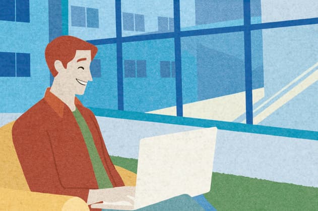 PR_ID25931_10317_IlustraBusiness.jpg A man sits comfortably on a couch in a modern workspace, smiling while using his laptop The large windows provide a view of a vibrant urban environment, adding to the lively atmosphere, Property released Model Released AdalbertoRodriguez_ID25931_748615_016 Copyright: xAdalbertoxRodriguezx RECORD DATE NOT STATED