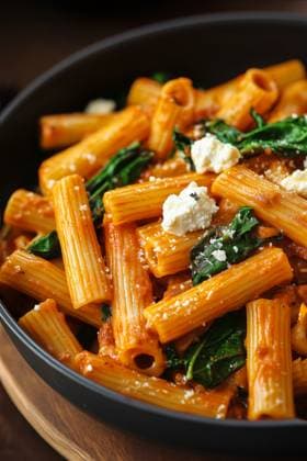 A close-up image showcasing a sumptuous bowl of Italian pasta, enriched with vibrant green spinach and crumbled feta cheese, coated in a rich tomato sauce. Model Released EduardoLopez_ID25643_740514_003 Copyright: xEduardoxLopezx RECORD DATE NOT STATED
