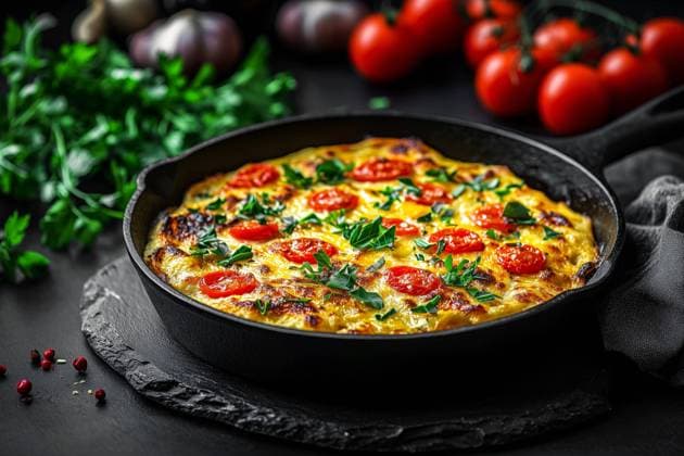 Italian frittata adorned with cherry tomatoes, fresh herbs, and served in a cast iron skillet, illustrating a perfect, vibrant meal option. Model Released EduardoLopez_ID25643_740518_004 Copyright: xEduardoxLopezx RECORD DATE NOT STATED