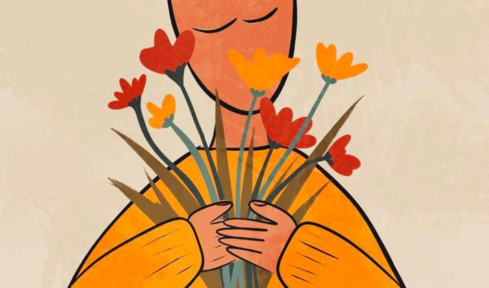 Creative Highlights Symbolbilder A stylized illustration of a person gently holding a bouquet of vibrant red, yellow, and orange flowers The warm tones and minimalistic design evoke feelings of joy and serenity Model Released HodeiUnzueta_ID25763_744140_002 Copyright: xHodeixUnzuetax RECORD DATE NOT STATED