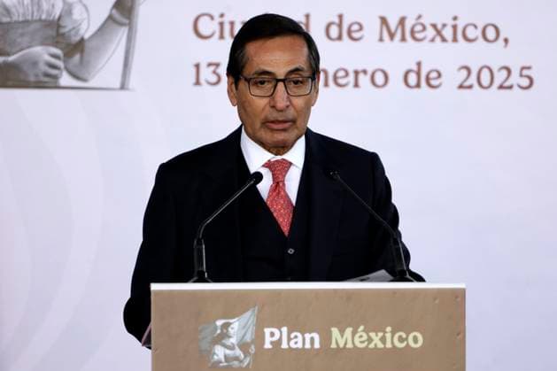 Secretary of Finance and Public Credit Rogelio Ramirez de la O speaking during the presentation of Plan Mexico with the objective of reducing Asian imports, to the benefit of national and regional production, at the National Museum of Anthropology. on January 13, 2025 in Mexico City, Mexico. Mexico City Mexico - ZUMAe321 20250113_zia_e321_018 Copyright: xLuisxBarronx