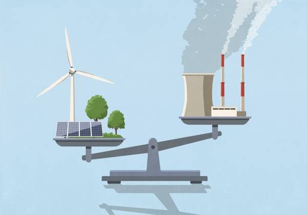 Green energy tipping scale with factory pollution on opposite end  Copyright: MaltexMueller fStopImages2080005