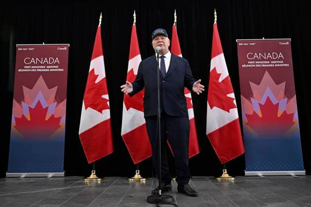 January 15, 2025, Ottawa, On, Canada: Ontario Premier Doug Ford, wearing a Canada Is Not For Sale hat, speaks as he arrives for a first ministers meeting in Ottawa on Wednesday, Jan. 15, 2025. Ottawa Canada  - ZUMAc35_ 20250115_zaf_c35_053 Copyright: xJustinxTangx