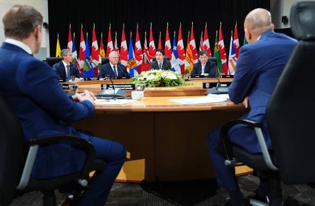 January 15, 2025, Ottawa, On, Canada: Prime Minister Justin Trudeau (back centre) and premiers attend the first ministers meeting in Ottawa on Wednesday, Jan.15, 2025. Ottawa Canada  - ZUMAc35_ 20250115_zaf_c35_049 Copyright: xSeanxKilpatrickx