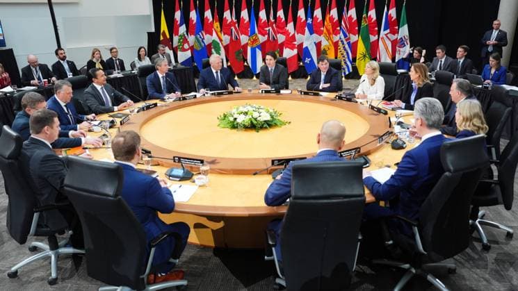January 15, 2025, Ottawa, On, Canada: Prime Minister Justin Trudeau (back centre), premiers and cabinet ministers attend the first ministers meeting in Ottawa on Wednesday, Jan.15, 2025. Ottawa Canada  - ZUMAc35_ 20250115_zaf_c35_050 Copyright: xSeanxKilpatrickx