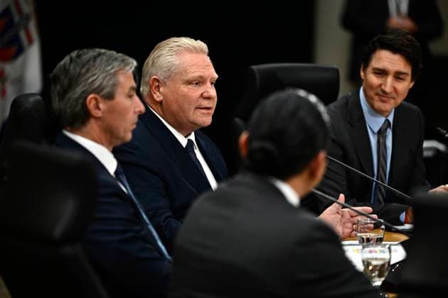 January 15, 2025, Ottawa, On, Canada: Premier of Ontario Doug Ford, chair of the Council of the Federation, speaks as Prime Minister Justin Trudeau listens, during a first ministers meeting in Ottawa, on Wednesday, Jan. 15, 2025. Ottawa Canada - ZUMAc35_ 20250115_zaf_c35_068 Copyright: xJustinxTangx