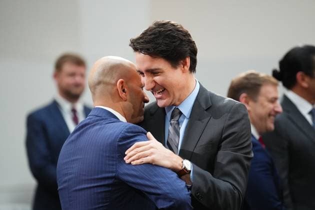 January 15, 2025, Ottawa, On, Canada: Prime Minister Justin Trudeau greets Yukon Premier Ranj Pillai at the start of a first ministers meeting in Ottawa on Wednesday, Jan.15, 2025. Ottawa Canada  - ZUMAc35_ 20250115_zaf_c35_071 Copyright: xSeanxKilpatrickx