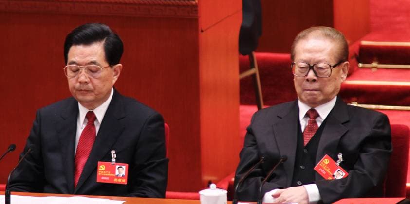 Hu Jintao and Jiang Zemin at the 18th CPC National Congress closing ceremony in the Great Hall of the People in Beijing. 14NOV12 Photo by Simon Song ***NOT FOR ADVERTISING USE*** Beijing China EDITORIAL USE ONLY  Copyright: xx MER1211141603578943 SimonxSongx scmpphotos627623