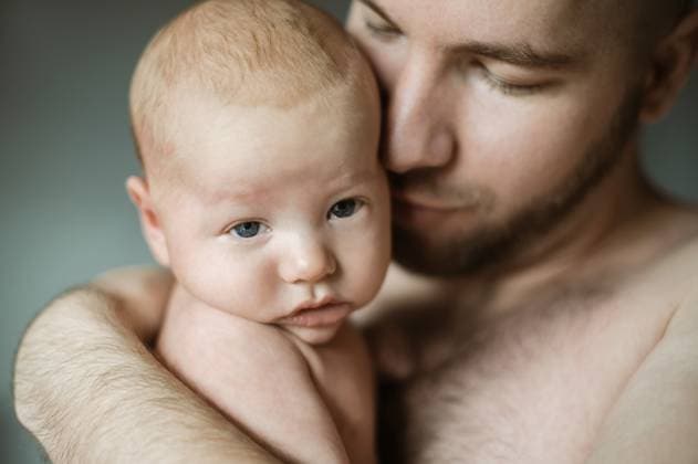 Creative Highlights Symbolbilder Family, baby and dad with a parent hugging his child in studio on a gray background for tender or gentle love. Babies, father and children with a man holding his newborn infant while bonding together. model released property released Copyright: xPeopleImages.comx-x 2383040x