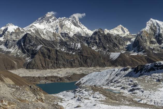 Blick vom Renjo La, dem Bergpass in Khumbu, der Everest Region, fotografiert an einem klaren Herbsttag mit blauem Himmel. Das Bergpanorama besteht aus Achttausendern: Mount Everest, Lhotse, Makalu und andere Himalaya Gipfel wie Changtse, Nutptse, Taboche. Der Ngozumpa, der längste Gletscher im Himalaya, liegt unterhalb. Die Siedlung Gokyo liegt auf seiner Seitenmoräne und am Ufer des Gokyo Sees, Dudh Pokhari. Drei Pässe Trek, Nachmonsun Trekking Saison. Sagarmatha Nationalpark, Weltkulturerbe. Solukhumbu, Nepal, Asien View from Renjo La, the mountain pass in Khumbu, the Everest Region, photographed on a clear, blue sky, autumn day. Mountain panorama consists of eight-thousanders: Mount Everest, Lhotse, Makalu, and other Himalayan peaks Copyright: imageBROKER RadekxKucharski iblrkk12130221.jpg